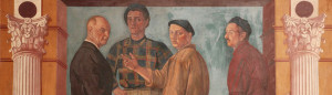 Achille Funi, Autoritratto con collaboratori e il Presidente Luigi Agliardi, 1952, affresco (particolare della Sala Funi). Courtesy collezione Banca Popolare di Bergamo